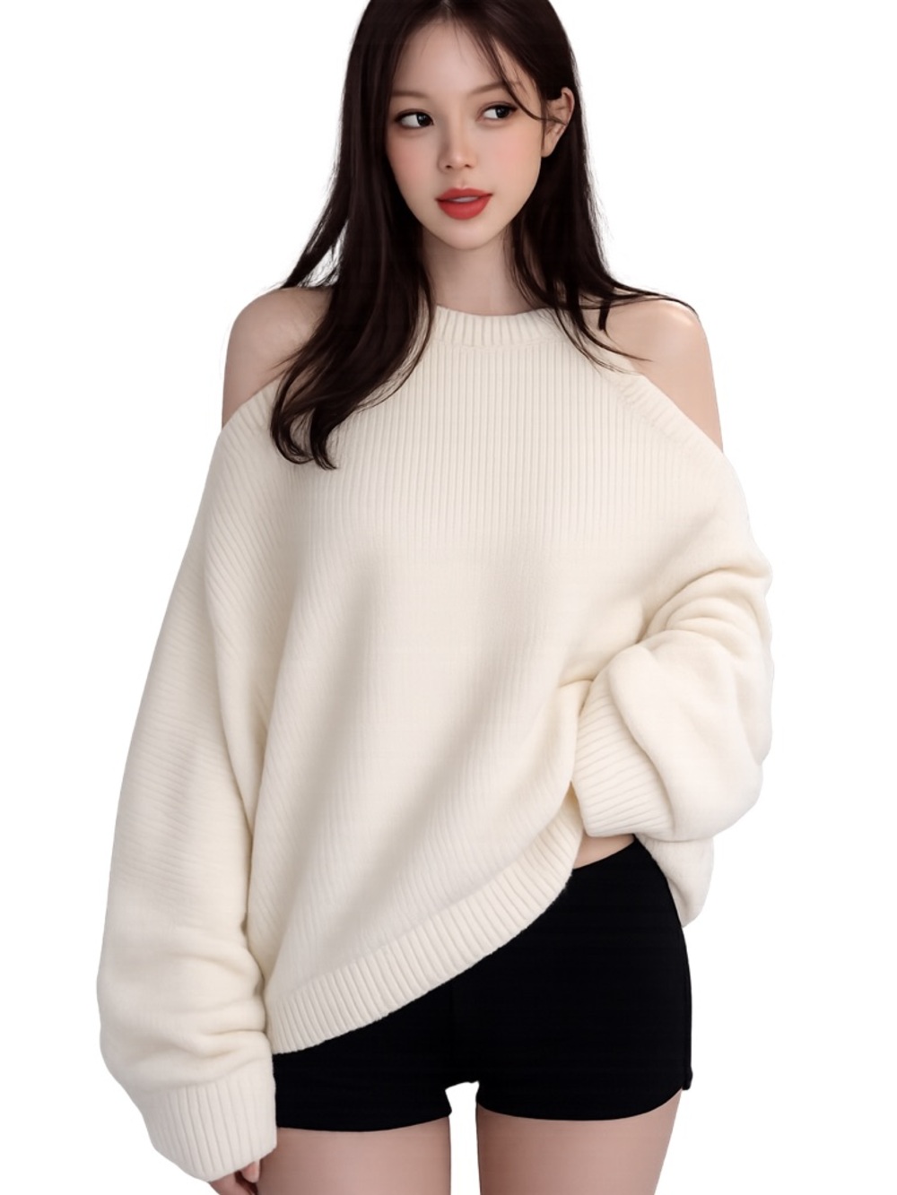 SHEIN Peekaboo Shoulder Knit Sweater Cream One Size NWOT